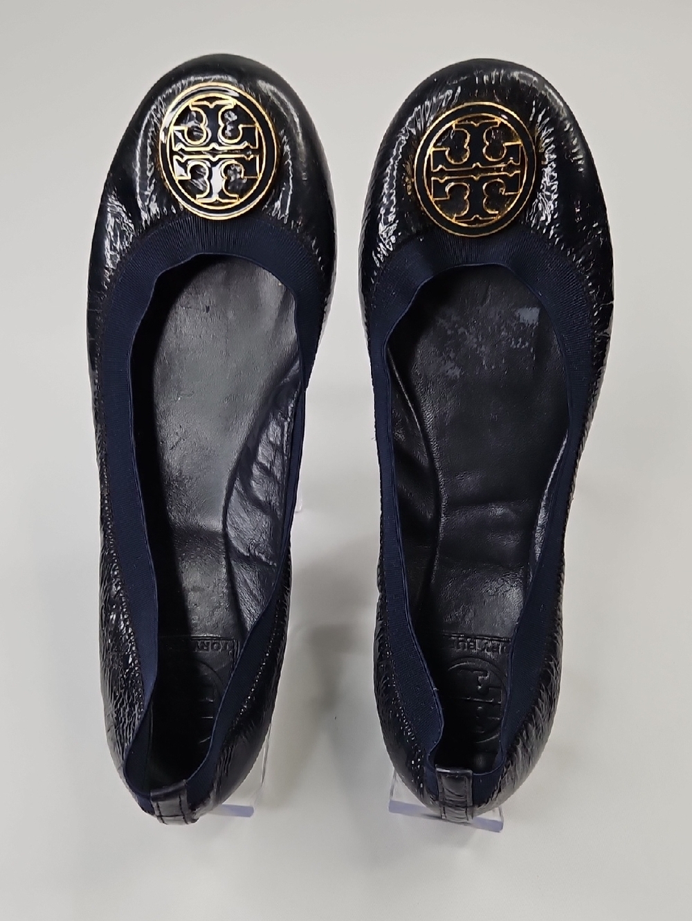 Tory Burch Carolina Navy Blue Patent Leather Logo Ballet Flats Sz 8